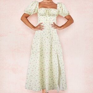 Floral Puff-Sleeve Maxi Dress in Light Green